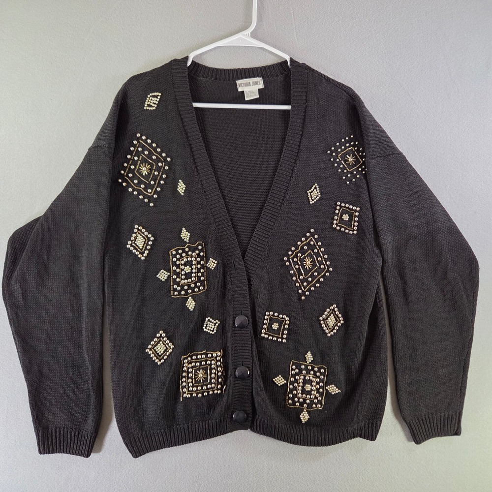 Victoria Jones Vintage Black Gold Beaded Cardigan Ramie Cotton Knit Holiday M